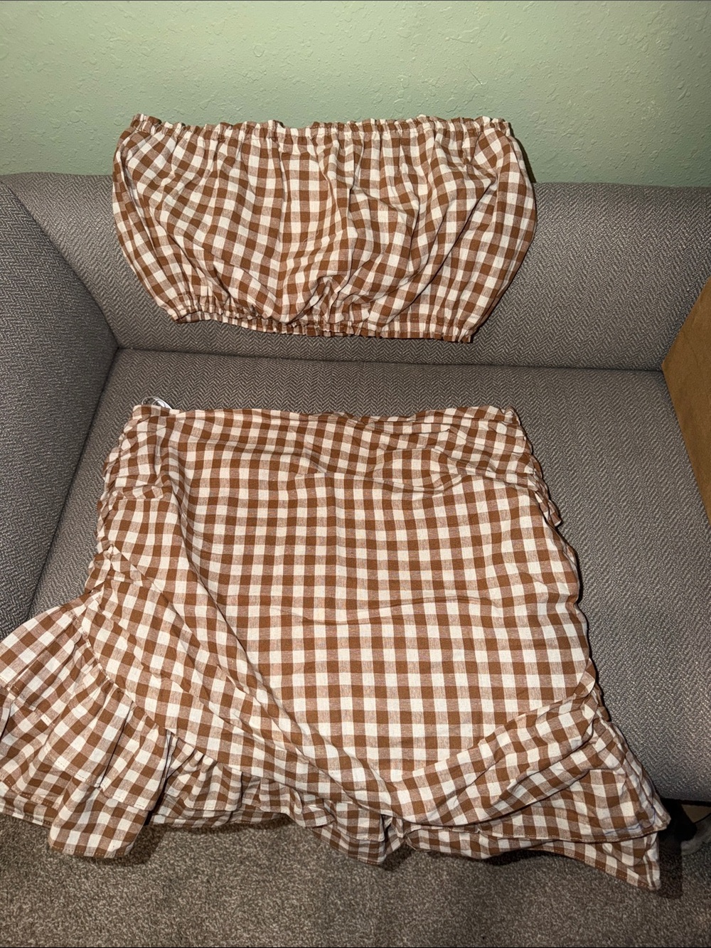 2pc by Mable, Brown Gingham Smocked Waist Women's Skirt